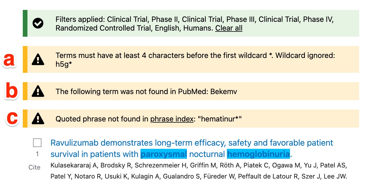 A screenshot shows the position, above the search results, of the messages concerning search strategy problems.