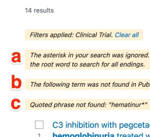 A screemshot shows the position of possible warning messages above PubMed results