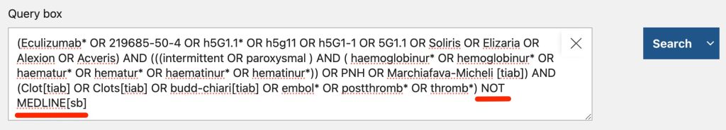 Screenshot showing -- NOT MEDLINE[sb] -- added to the end of the keyword search strategy in the "advanced" search page's "query" box.