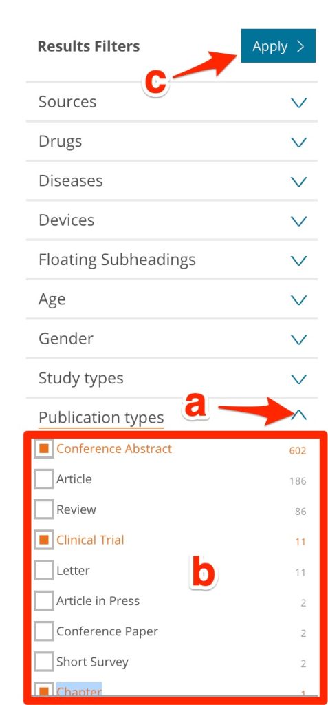A screenshot showing the process of opening the "Publication types" menu, selecting types that are not desired, and clicking the "apply" button.