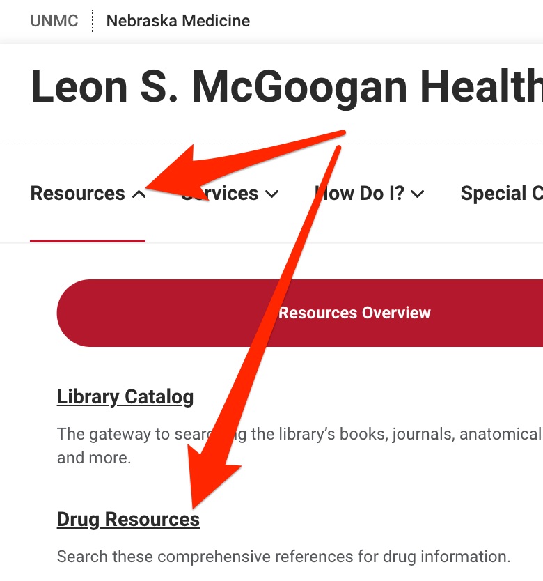 A screenshot shows the location of the "Resources" menu and the "Drug Resources" link.