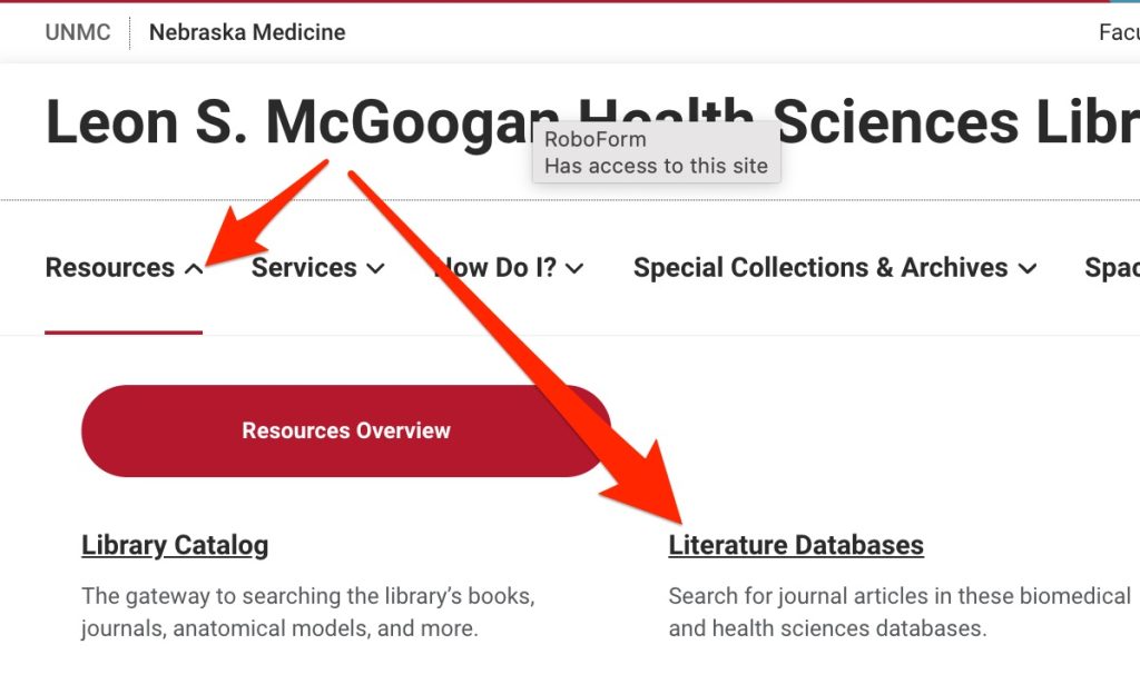 A screenshot shows the "Resources" menu and the "Literature Databases" link.