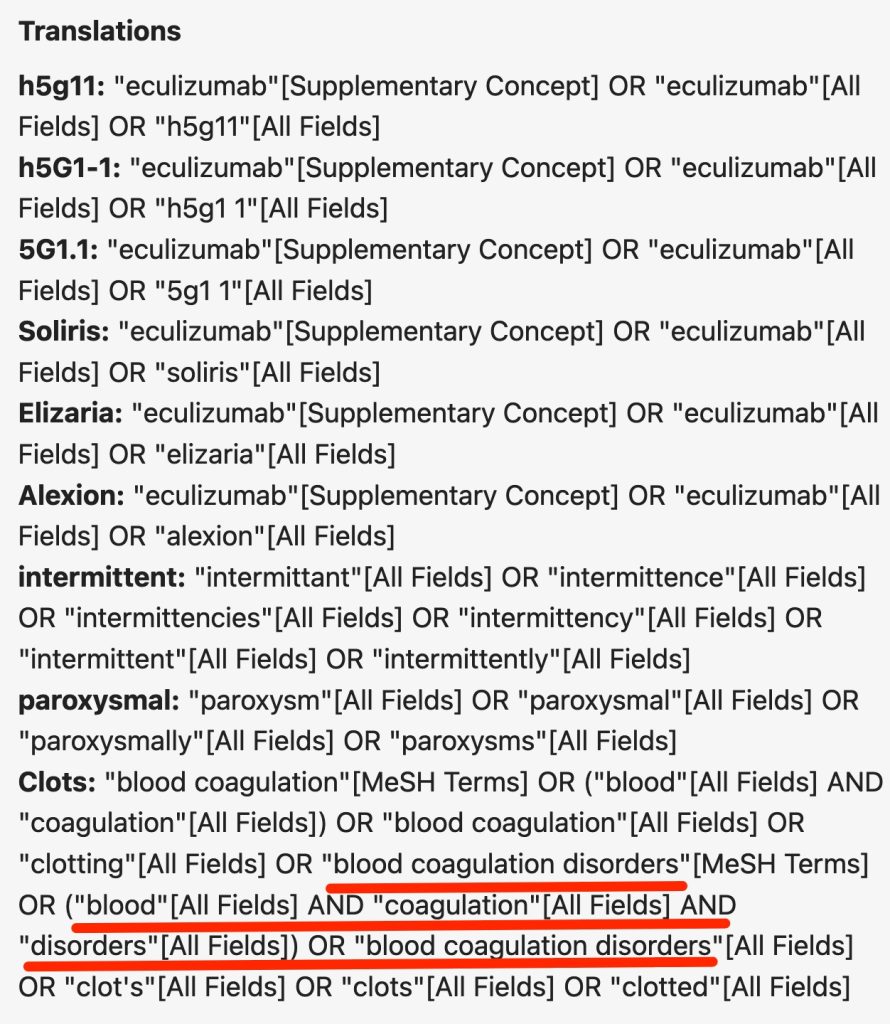 A screenshot of the "translations" points out the errant translations of "clots"