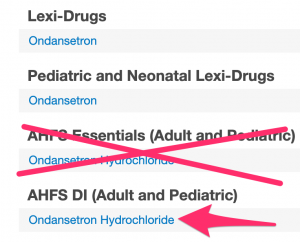 Screenshot of the results of a LexiComp search for "ondansetron". The "AHFS Essentials" result has been crossed out. An arrow points to the link under the "AHFS DI" heading.