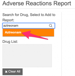 A screenshot shows the entry of a drug name and an arrow points to the option that appears below the search box.