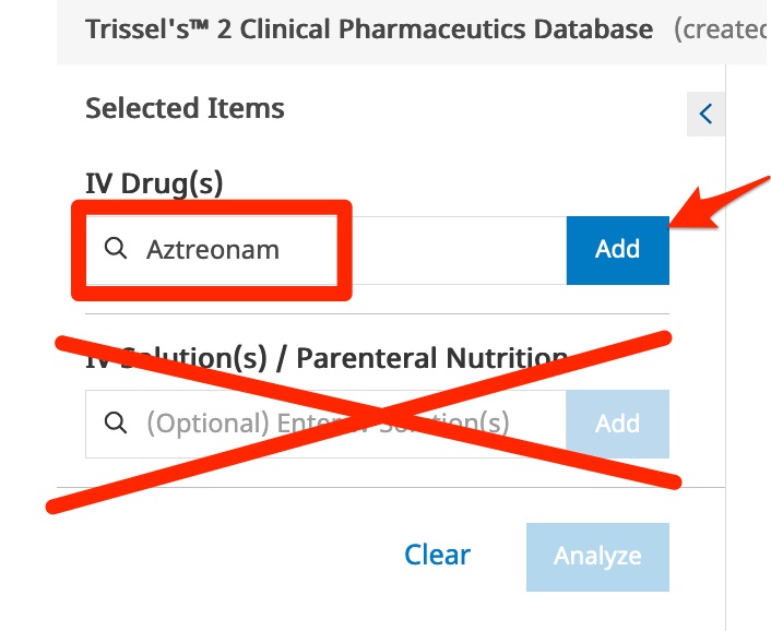 A screenshot shows that drug names should be entered in the "Drugs" box; not the "Solutions" box.