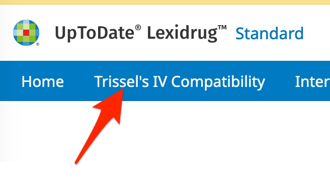 A screenshot showing the position of the "Trissel's IV Compatibility" link in UpToDate LexiDrug.