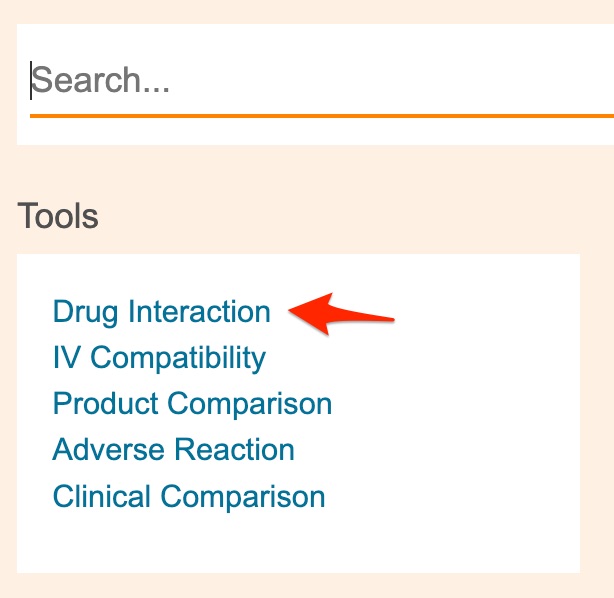 Screenshot shows the position of the "Drug Interactions" link at the top of the "Tools" list.