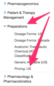 Screenshot of the navigation menu for the risperidone monograph in Lexi-Comp. The "preparations" section is open and an arrow points to the "pricing U.S." option.
