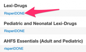 Screenshot of the results of a Lexi-Comp search for -- risperidone. A red arrow points to the link under "Lexi-Drugs"