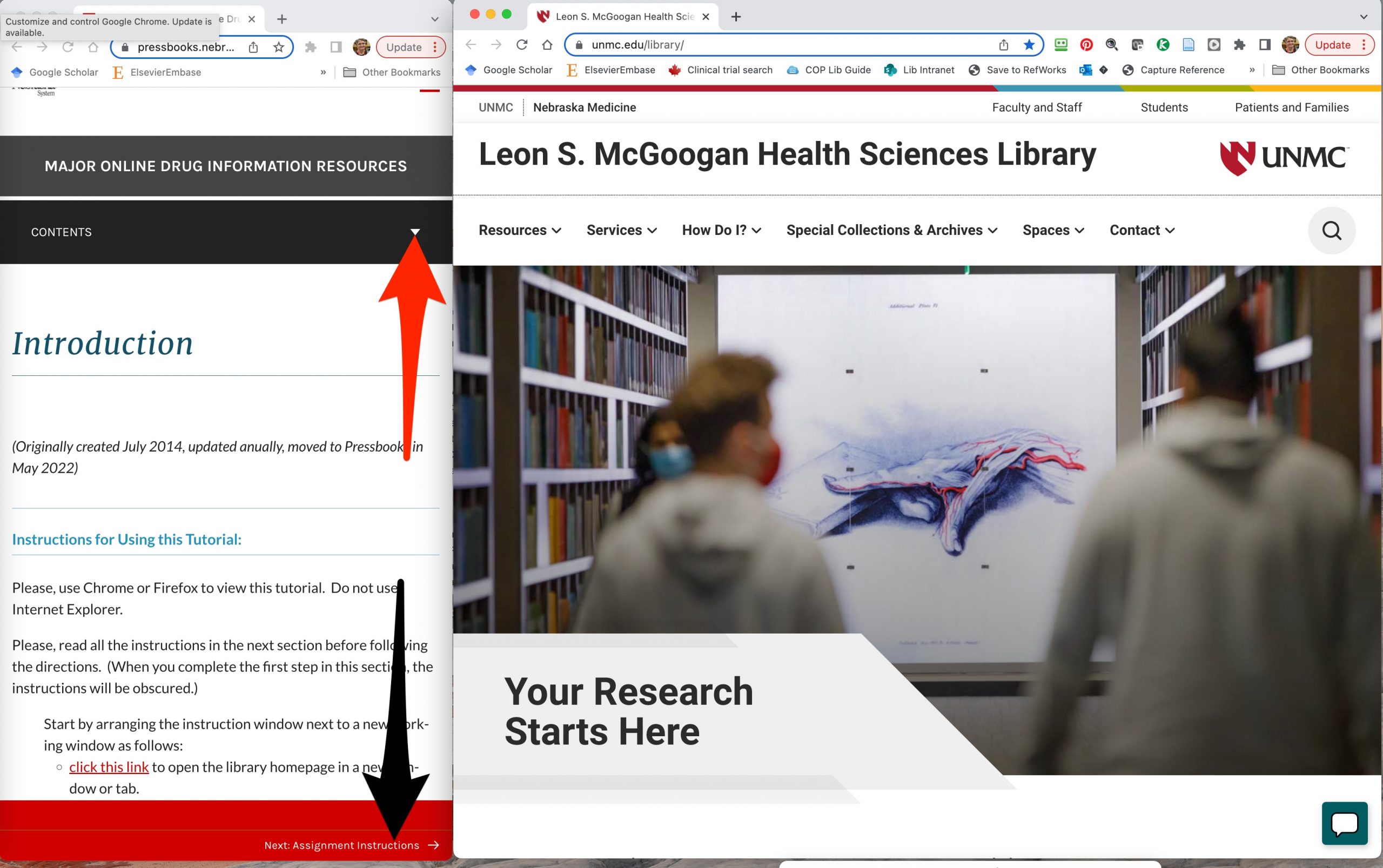 A screenshot shows the working and instruction windows side-by-side. Arrows point to the "Contents" links and "Next" chapter link in the instruction panel.