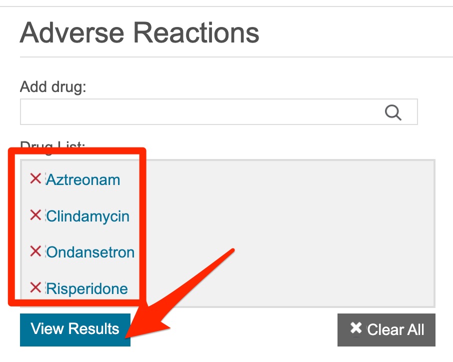 A screenshot shows the entered list of drugs and the positions of the "By Frequency" radiobutton and the of the "View Results" button.
