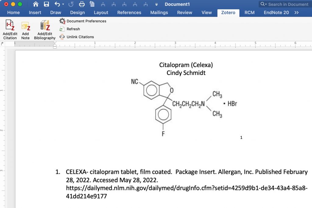 A screenshot showing the Word document with formatted in-text citation and bibliography.