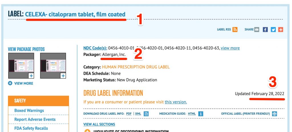 A screenshot of the package insert showing the position of the 1) Title, 2) Publisher/manufacturer/distributer, and 3) publication date.