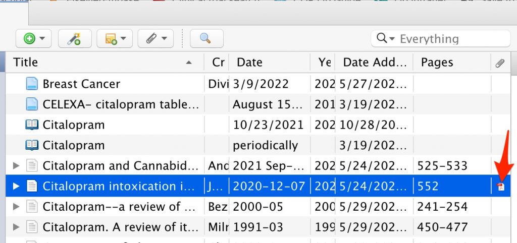 An arrow points to the "article" symbol in the "attachments" column of a Zotero record.