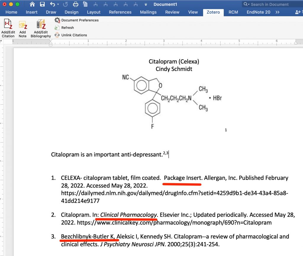 A screenshot shows that all three required references have been added to the bibliography.