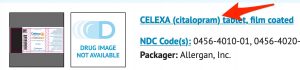 A screenshot shows an arrow pointing to the "Celexa (citalopram hydrochloride) tablet, film coated" link.