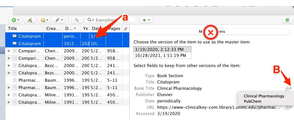 A screenshot of potential duplicates that were actually records for separate monographs in Clinical Pharmacology and PubChem.