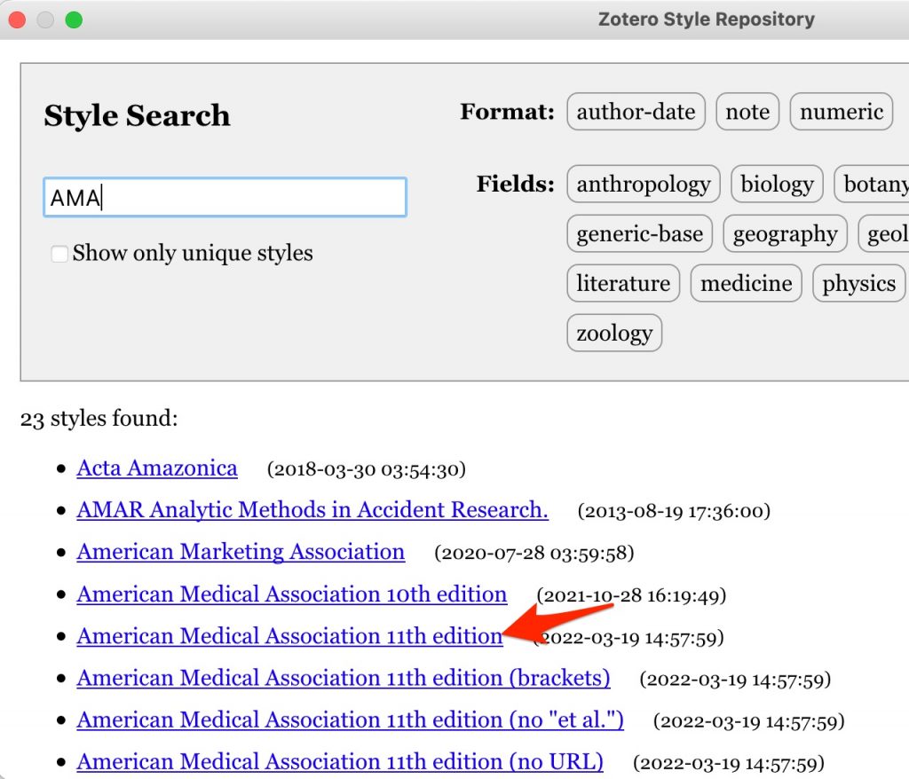 A screenshot shows searching for AMA and choosing the needed style.