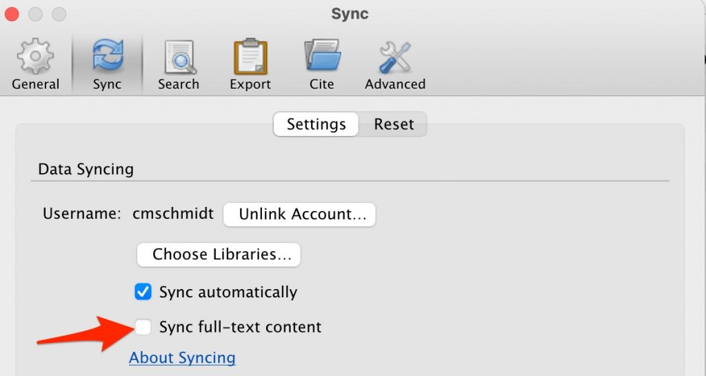 A screenshot of the sync preferences page after syncing has been set up.