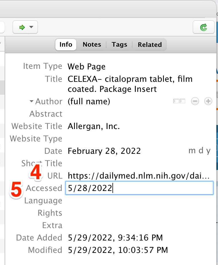 A screenshot showing the position of the "URL" field and the "Accessed" field in the Zotero record.