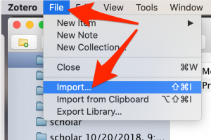 A screenshot shows use of the "File" menu to select "Import"