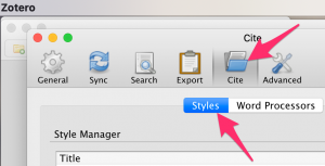 A screenshot shows the "Cite"--> "Styles" "Preferences" page in Zotero.