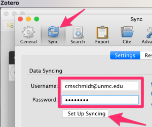 A screenshot shows the "Sync" tab in Zotero's "Preferences"