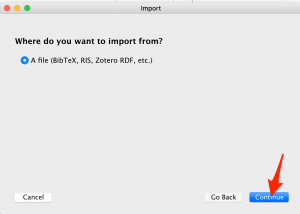 A screenshot shows the "Import" pop-up. An arrow points to the "Continue" button.
