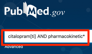 A screenshot of the PubMed search box containing a search for -- citalopram[ti] AND pharmacokinetic*
