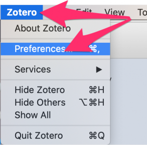 A screenshot showing use of the "Zotero" menu to select the second option, "Preferences".