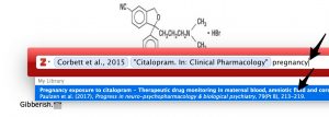 A screenshot shows a Zotero in-text citation search box that already contains two references, a search term has been entered.
