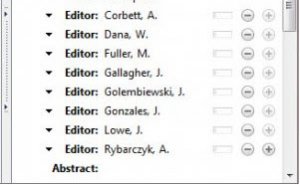 A screenshot of the Zotero "Book Section" template. The names of seven editors have been entered.