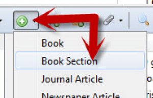 A screenshot of the Zotero "+" drop-down menu. An arrow points to the "Book Section" option.