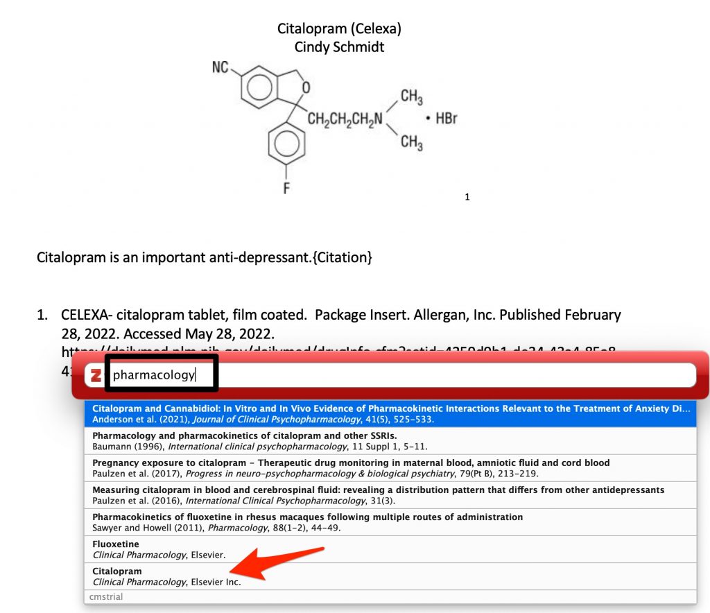 A screenshot showing search for pharmacology and selection of record for clinical pharmacology monograph.