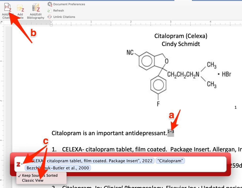 A screenshot shows clicking on the errant citation, clicking "Insert/Edit Citation", and selection of the "Classic View."