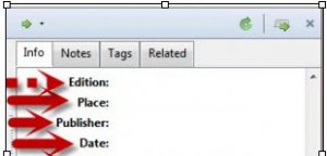A screenshot of the Zotero "Book Section" template. Arrows point to the "Edition", "Place", "Publisher", and "Date" boxes.