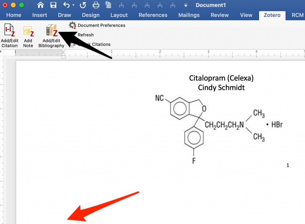 A screenshot showing a red arrow pointing to the cursor's position, and a black arrow pointing to the "Insert Bibliography" icon in the Zotero ribbon.