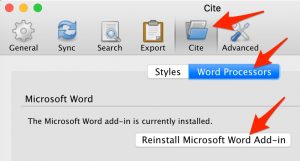 A screenshot shows the Zoter "Preferences" box, the "cite" tab and the "Word Processor" option on that tab have been selected. The position of the "Reinstall Microsoft Word Add-in" button is indicated.