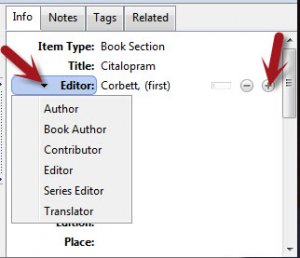 A screenshot of the Zotero "Book Section" template. The "Author/Editor" drop-down menu is shown . An arrow points to the "+" button to the right of the "Editor/Author" boxes.