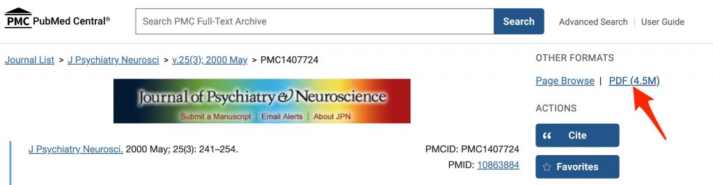 A screenshot with an arrow pointing to the "pdf" link.