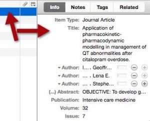 A screenshot of the right-hand side of the Zotero screen showing selection of a reference and appearance of that reference's details to the right.