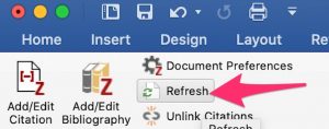 A screenshot of the "Zotero" ribbon shows the position of the "Refresh" button.