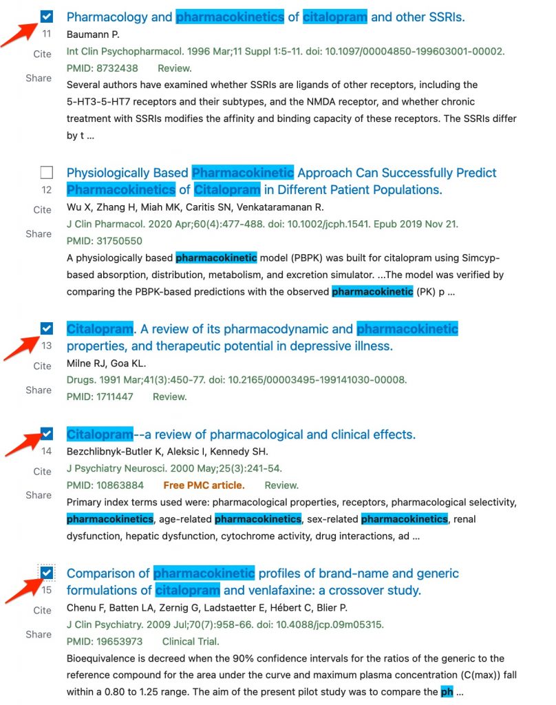 A screenshot of a PubMed search result showing selection of several of these results by checking the box to the left of the result.