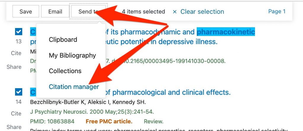 A screenshot of the PubMed "Send to" button showing selection of the "Citation Manager" option.