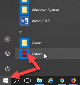 Screenshot of "Window" button leading to list of applications containing Zotero