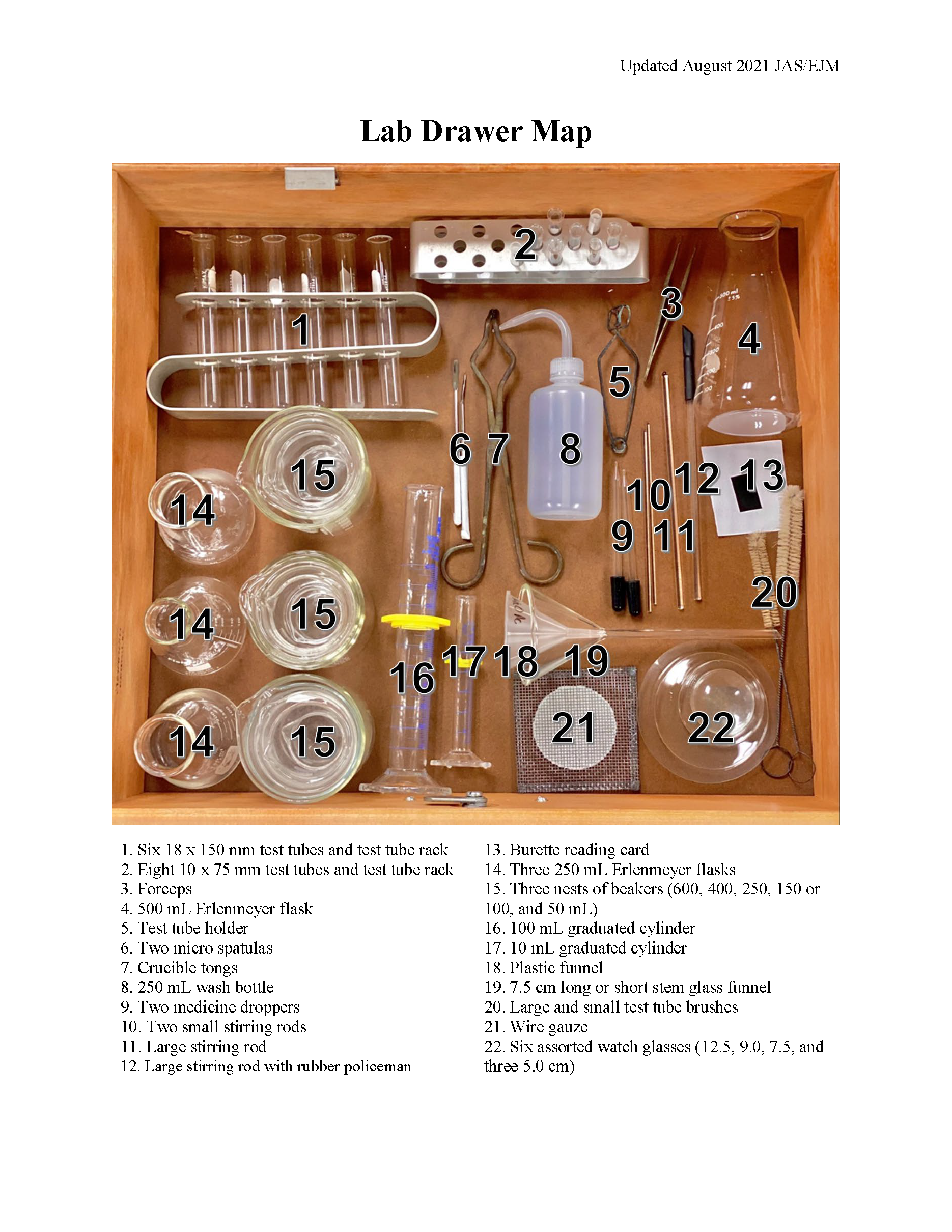 Picture of a lab drawer filled with glassware and equipment used in CHEM 1014.