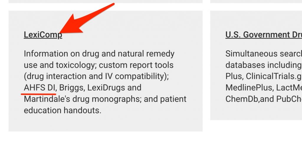 A screenshot shows the "LexiComp" link and points out the inclusion of the AHFS DI