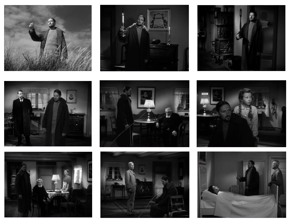 Nine images from the film, showing the character Johannes in dim, dramatic lighting. Often the only light is a lamp or a candle.