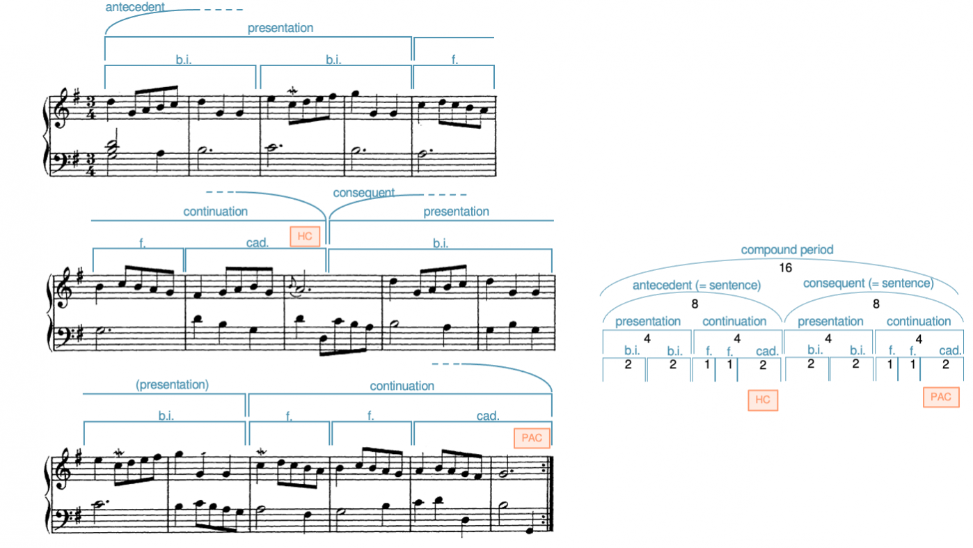 An analysis of Christian Petzold's Minuet in G as a compound period. The first 8 measures (the antecedent) are a sentence and the second 8 measures (the consequent) are also a sentence.